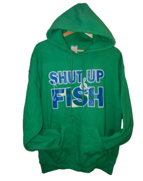 Shut Up & FISH! Mens Fishing Hoodie Green Blue L - Picture 2 of 8